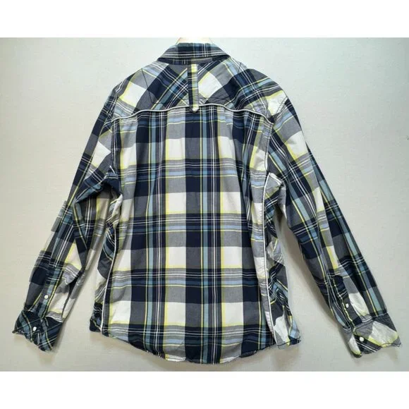 BKE Mens Athletic Fit Button-Up Shirt Sze L Navy/Yellow Plaid Casual Long Sleeve - Picture 8 of 10